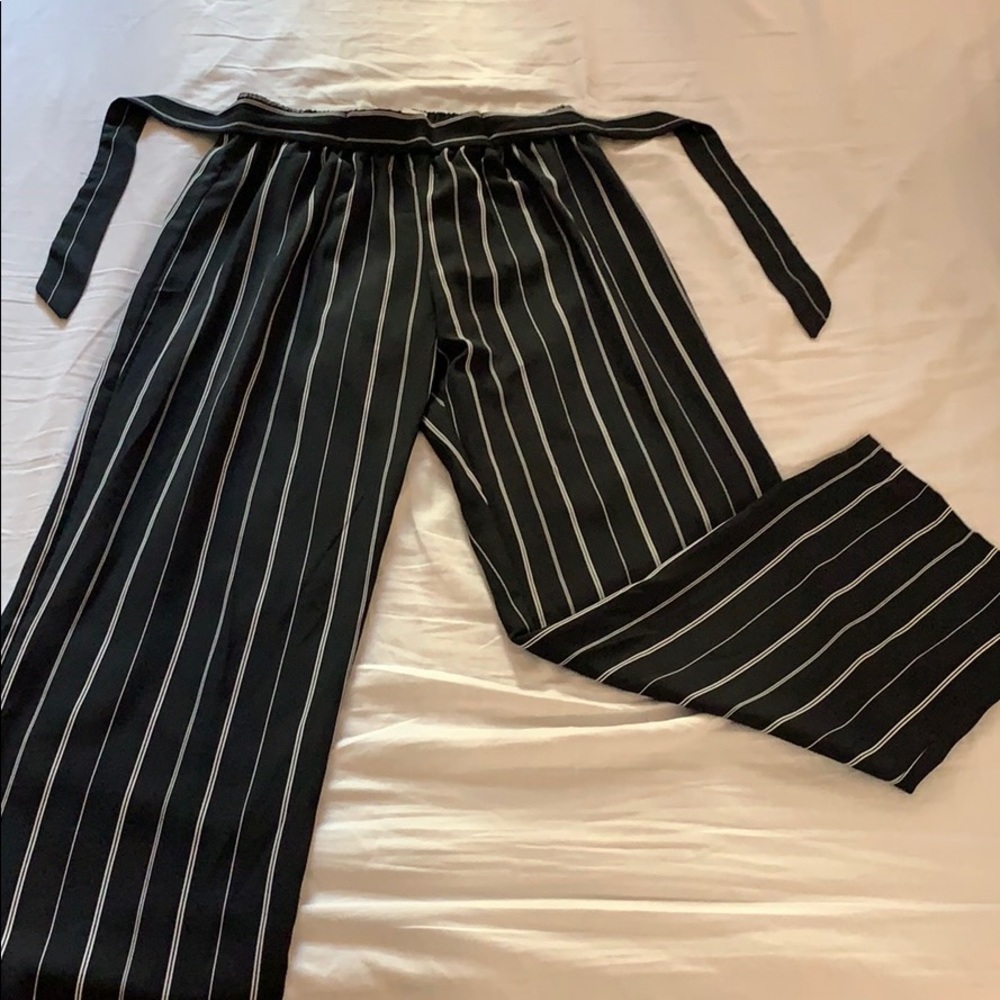 Black and white striped wide legged pants